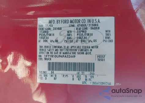 2004 Ford Ranger Edge/Xl/Xlt z USA, uszkodzony, nr VIN 1FTYR10U94PA52449